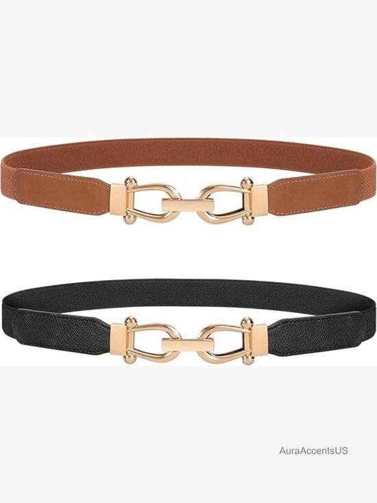 Stretchy Waist Belt with Gold Buckle, Retro Elastic Skinny Belt for Ladies main image 5